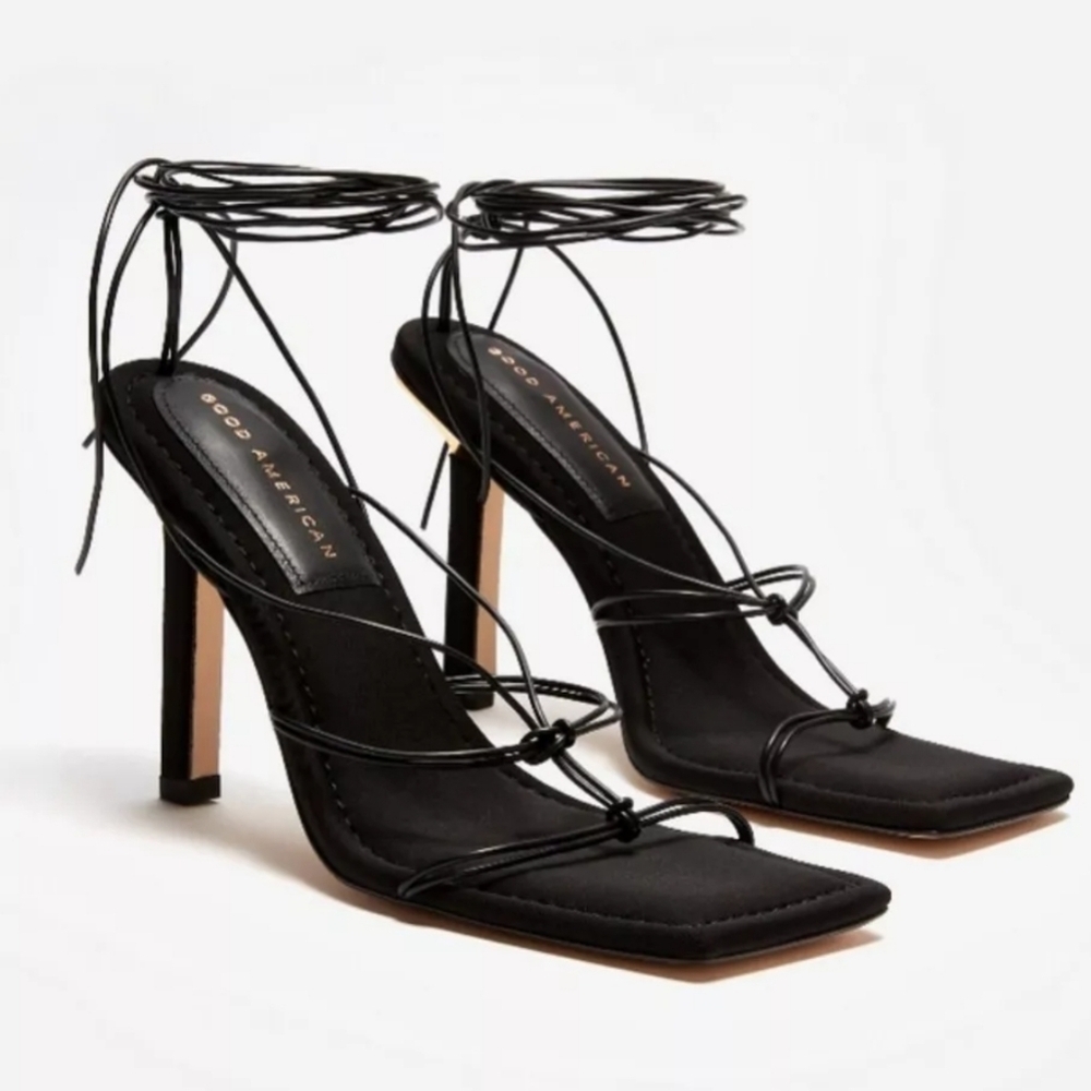 NWT Good American‎ Cage Slanted Sandals Neoprene Black Lace Up Heel Size 5 - Picture 3 of 15